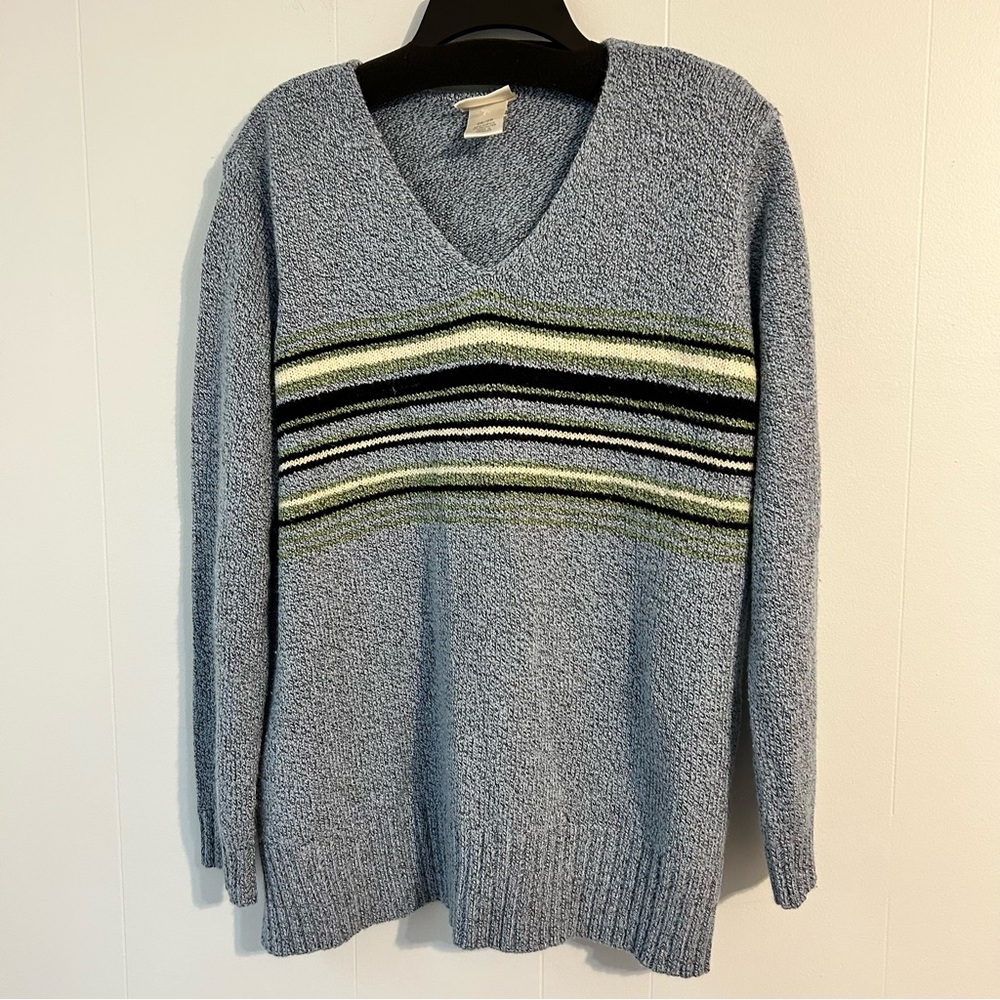 20/20 Womens Marled‎ Blue V-Neck Striped Pullover Sweater Side Slits Size L